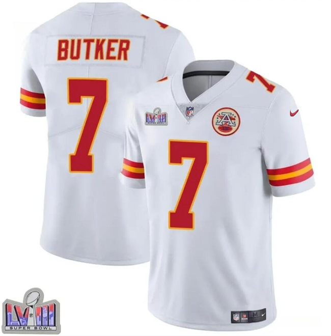 Men's Kansas City Chiefs #7 Harrison Butker White Super Bowl LVIII Patch Vapor Untouchable Limited Stitched Football Jersey Men's Kansas City Chiefs #7 Harrison Butker White Super Bowl LVIII Patch Vapor Untouchable Limited Stitched Football Jersey